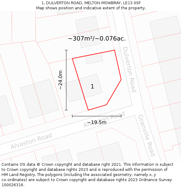 1, DULVERTON ROAD, MELTON MOWBRAY, LE13 0SF: Plot and title map