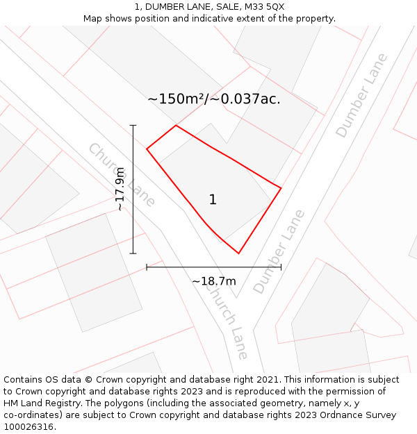 1, DUMBER LANE, SALE, M33 5QX: Plot and title map