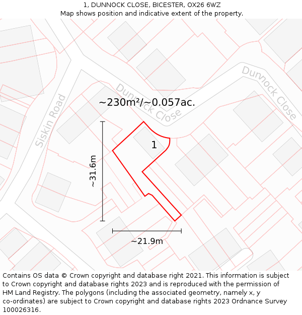 1, DUNNOCK CLOSE, BICESTER, OX26 6WZ: Plot and title map