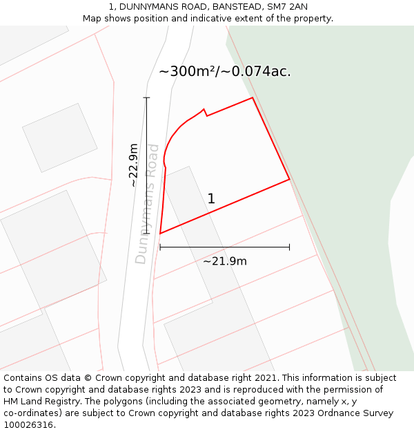1, DUNNYMANS ROAD, BANSTEAD, SM7 2AN: Plot and title map
