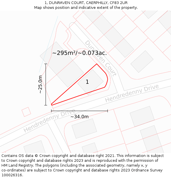 1, DUNRAVEN COURT, CAERPHILLY, CF83 2UR: Plot and title map