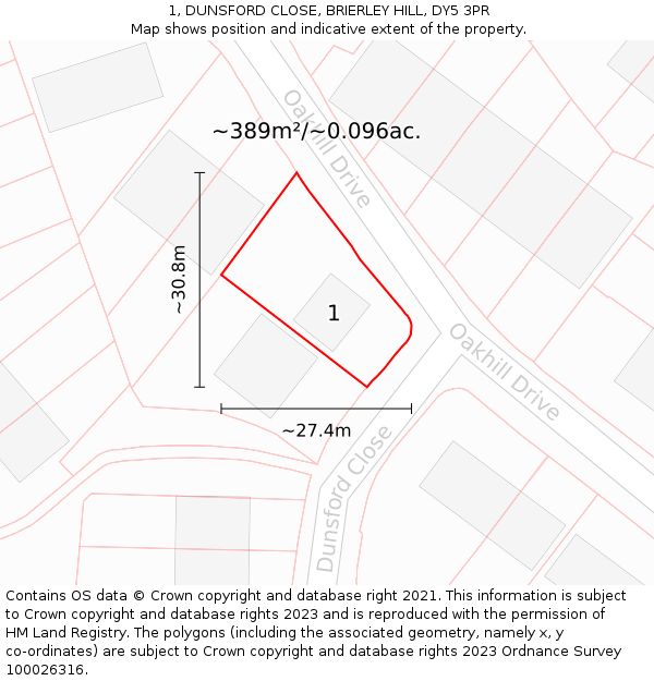 1, DUNSFORD CLOSE, BRIERLEY HILL, DY5 3PR: Plot and title map