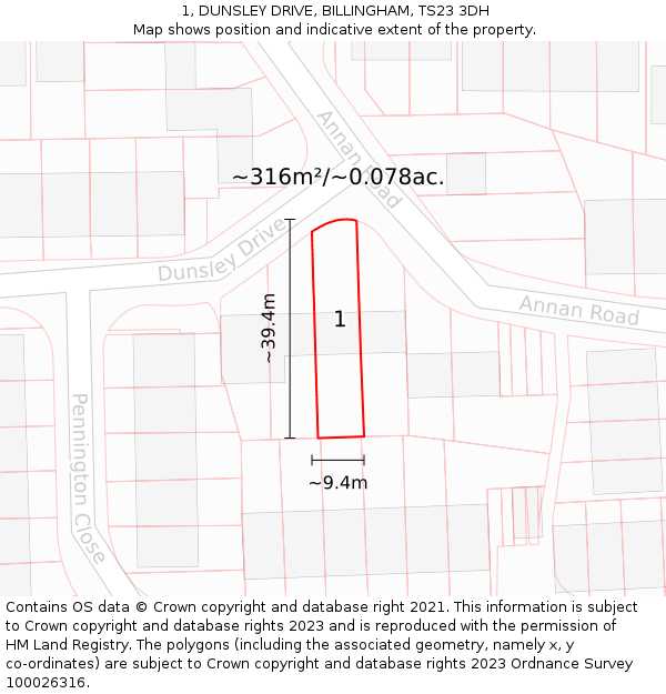 1, DUNSLEY DRIVE, BILLINGHAM, TS23 3DH: Plot and title map