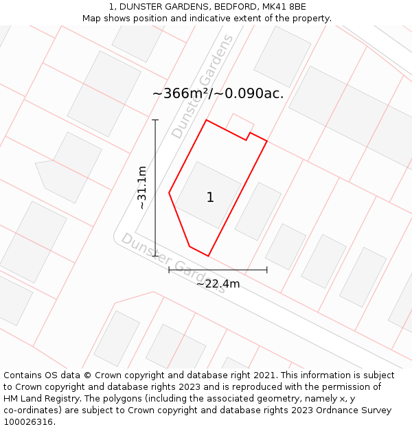 1, DUNSTER GARDENS, BEDFORD, MK41 8BE: Plot and title map