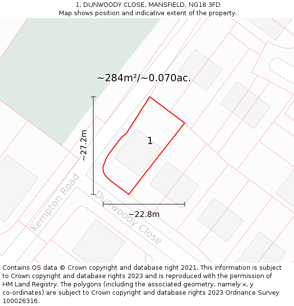 1, DUNWOODY CLOSE, MANSFIELD, NG18 3FD: Plot and title map