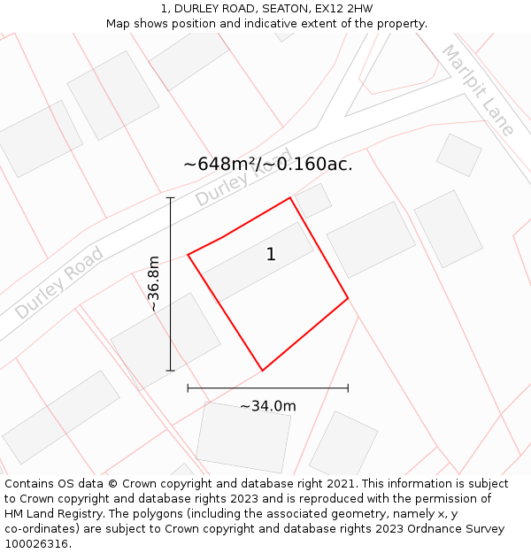 1, DURLEY ROAD, SEATON, EX12 2HW: Plot and title map