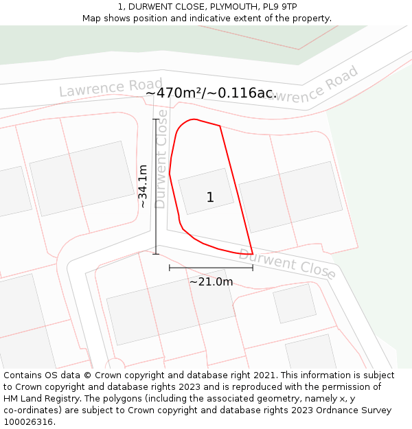 1, DURWENT CLOSE, PLYMOUTH, PL9 9TP: Plot and title map