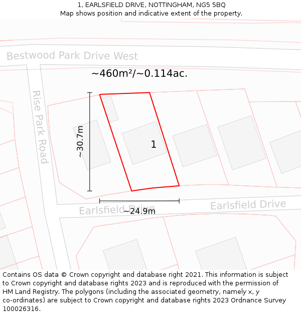 1, EARLSFIELD DRIVE, NOTTINGHAM, NG5 5BQ: Plot and title map