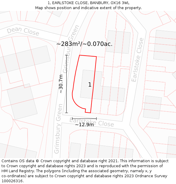 1, EARLSTOKE CLOSE, BANBURY, OX16 3WL: Plot and title map