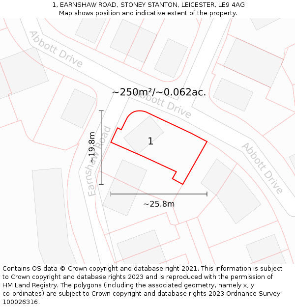 1, EARNSHAW ROAD, STONEY STANTON, LEICESTER, LE9 4AG: Plot and title map