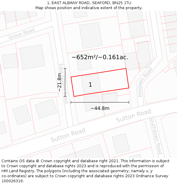 1, EAST ALBANY ROAD, SEAFORD, BN25 1TU: Plot and title map