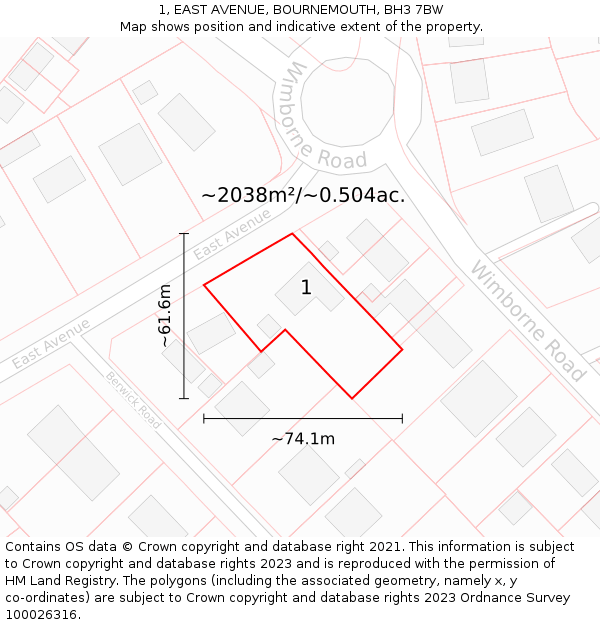 1, EAST AVENUE, BOURNEMOUTH, BH3 7BW: Plot and title map