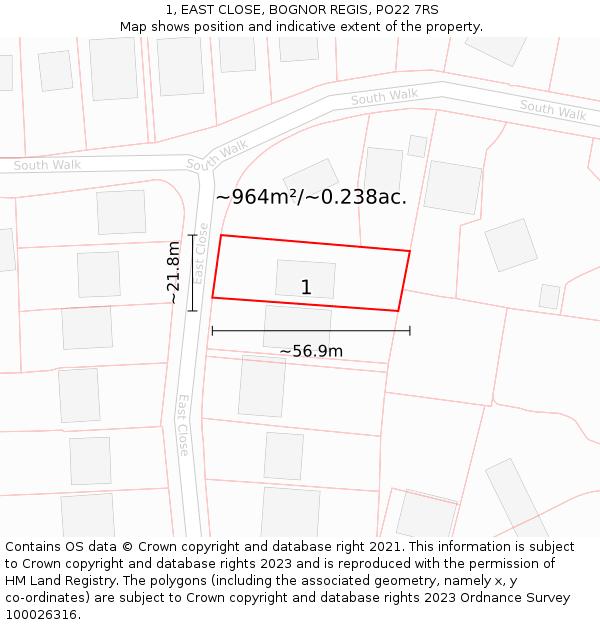 1, EAST CLOSE, BOGNOR REGIS, PO22 7RS: Plot and title map