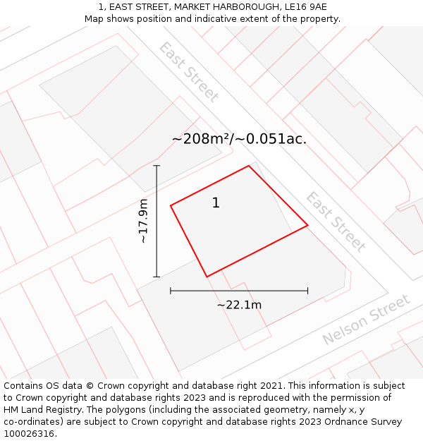 1, EAST STREET, MARKET HARBOROUGH, LE16 9AE: Plot and title map