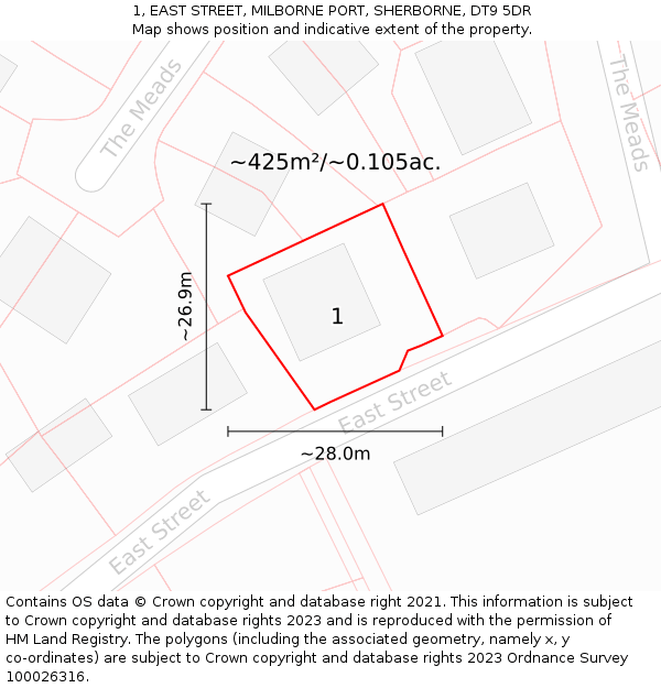 1, EAST STREET, MILBORNE PORT, SHERBORNE, DT9 5DR: Plot and title map