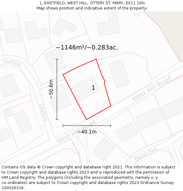 1, EASTFIELD, WEST HILL, OTTERY ST. MARY, EX11 1XN: Plot and title map