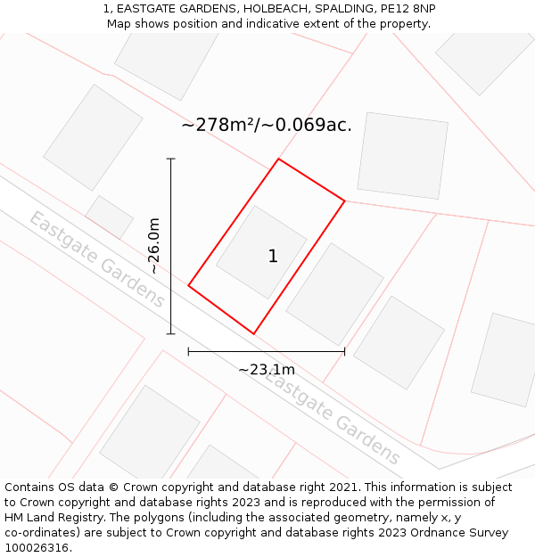 1, EASTGATE GARDENS, HOLBEACH, SPALDING, PE12 8NP: Plot and title map