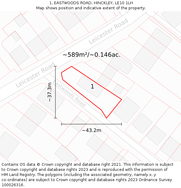 1, EASTWOODS ROAD, HINCKLEY, LE10 1LH: Plot and title map