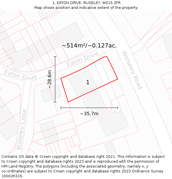 1, EATON DRIVE, RUGELEY, WS15 2FR: Plot and title map