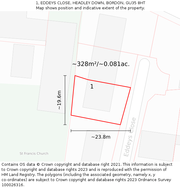 1, EDDEYS CLOSE, HEADLEY DOWN, BORDON, GU35 8HT: Plot and title map