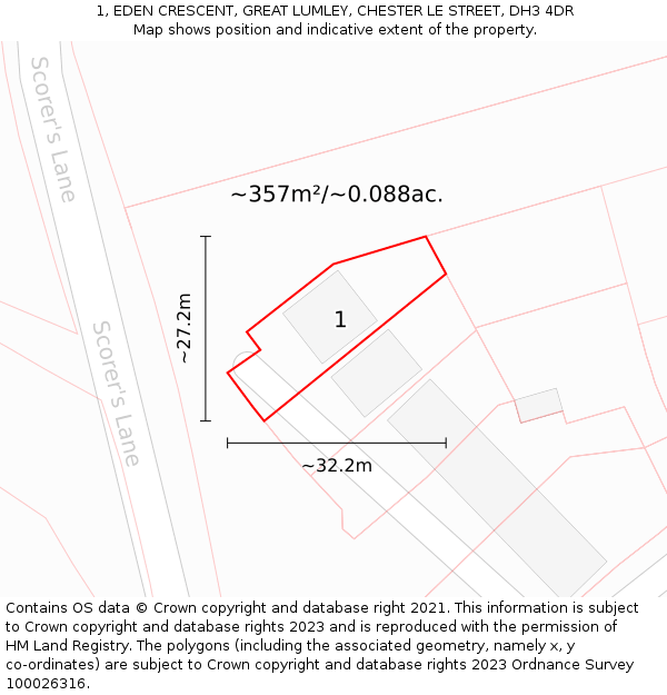 1, EDEN CRESCENT, GREAT LUMLEY, CHESTER LE STREET, DH3 4DR: Plot and title map