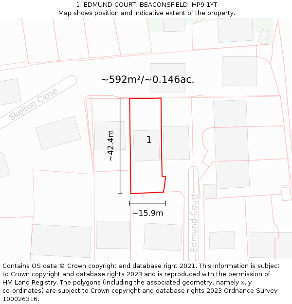 1, EDMUND COURT, BEACONSFIELD, HP9 1YT: Plot and title map