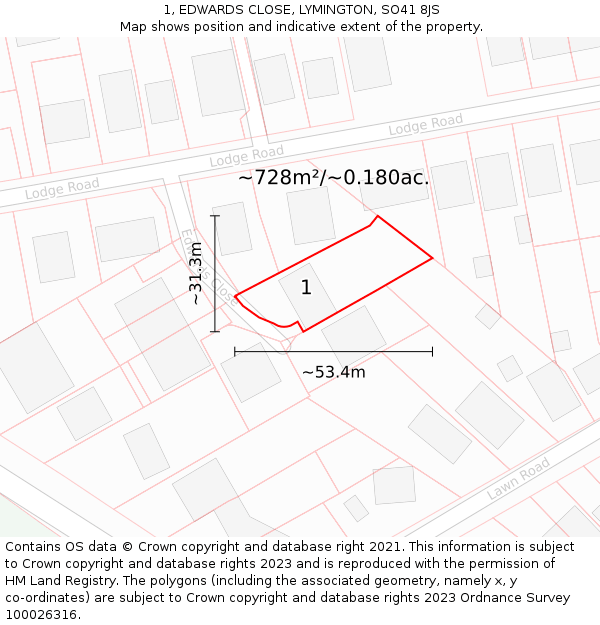 1, EDWARDS CLOSE, LYMINGTON, SO41 8JS: Plot and title map