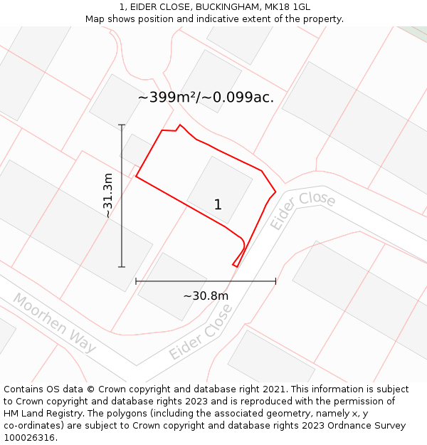 1, EIDER CLOSE, BUCKINGHAM, MK18 1GL: Plot and title map