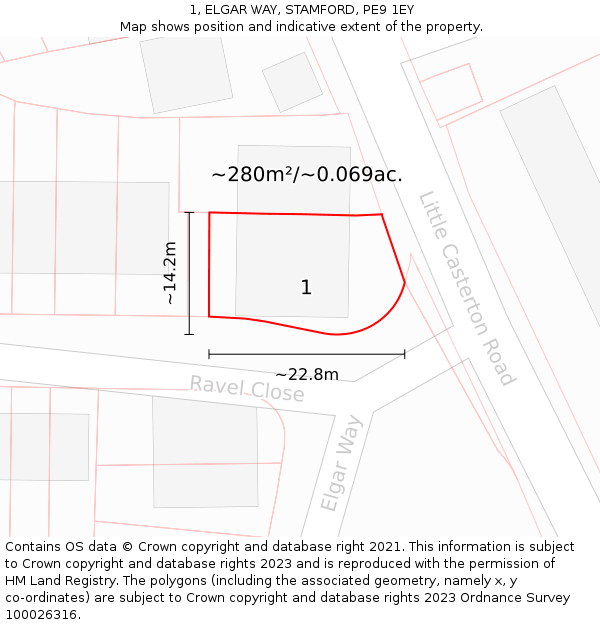 1, ELGAR WAY, STAMFORD, PE9 1EY: Plot and title map