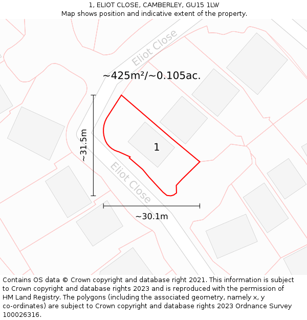 1, ELIOT CLOSE, CAMBERLEY, GU15 1LW: Plot and title map