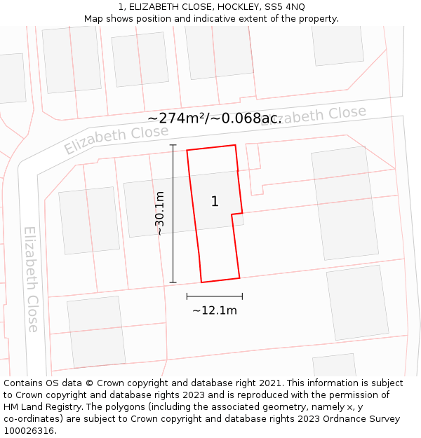 1, ELIZABETH CLOSE, HOCKLEY, SS5 4NQ: Plot and title map