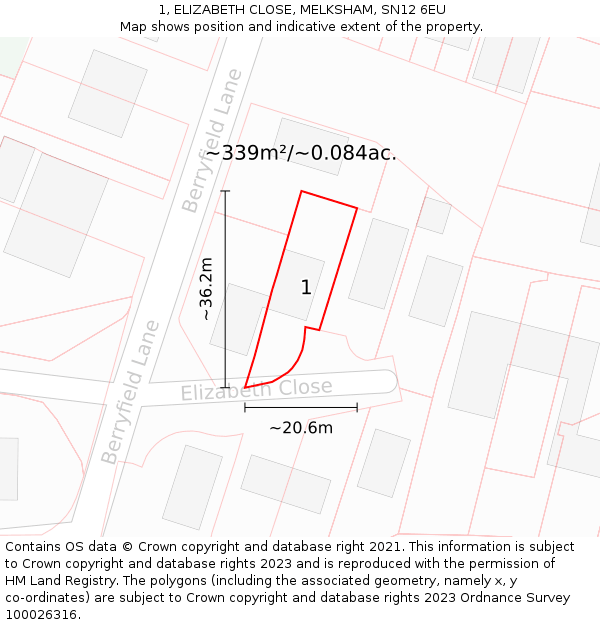 1, ELIZABETH CLOSE, MELKSHAM, SN12 6EU: Plot and title map