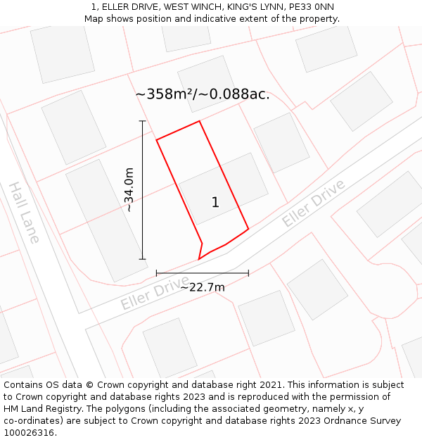 1, ELLER DRIVE, WEST WINCH, KING'S LYNN, PE33 0NN: Plot and title map