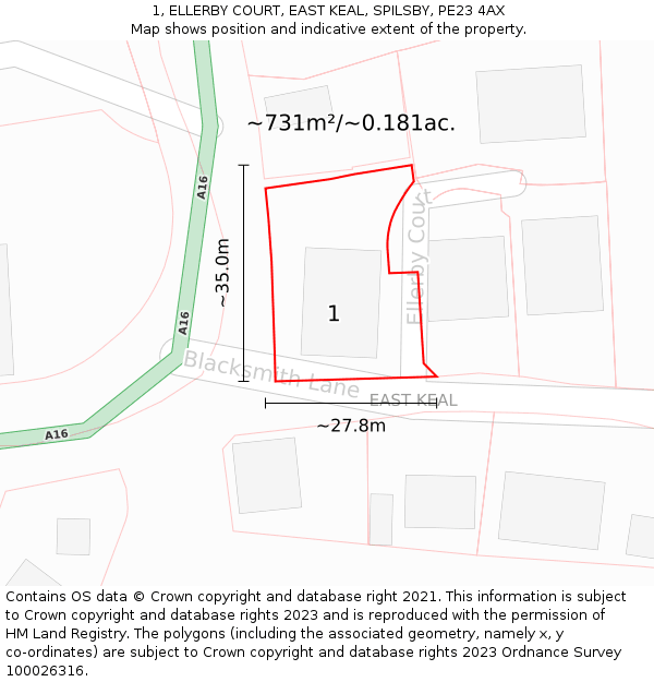 1, ELLERBY COURT, EAST KEAL, SPILSBY, PE23 4AX: Plot and title map