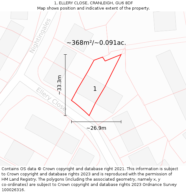 1, ELLERY CLOSE, CRANLEIGH, GU6 8DF: Plot and title map