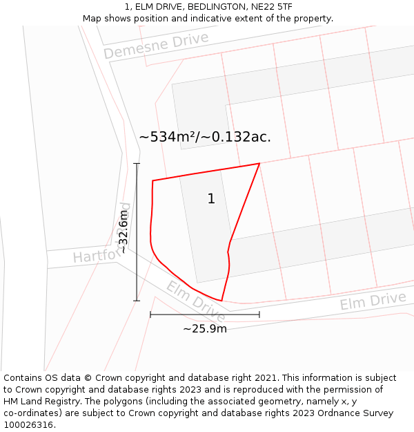 1, ELM DRIVE, BEDLINGTON, NE22 5TF: Plot and title map