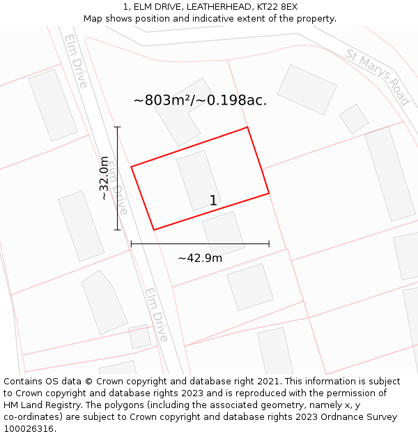1, ELM DRIVE, LEATHERHEAD, KT22 8EX: Plot and title map