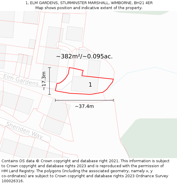 1, ELM GARDENS, STURMINSTER MARSHALL, WIMBORNE, BH21 4ER: Plot and title map