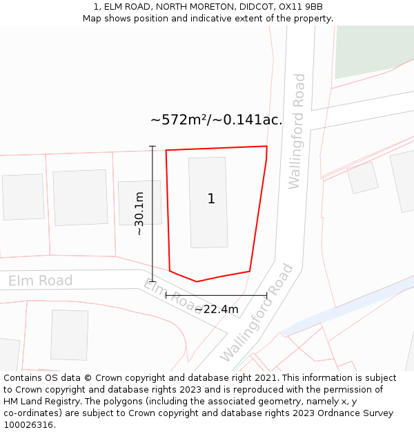 1, ELM ROAD, NORTH MORETON, DIDCOT, OX11 9BB: Plot and title map