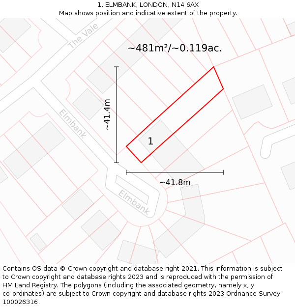 1, ELMBANK, LONDON, N14 6AX: Plot and title map