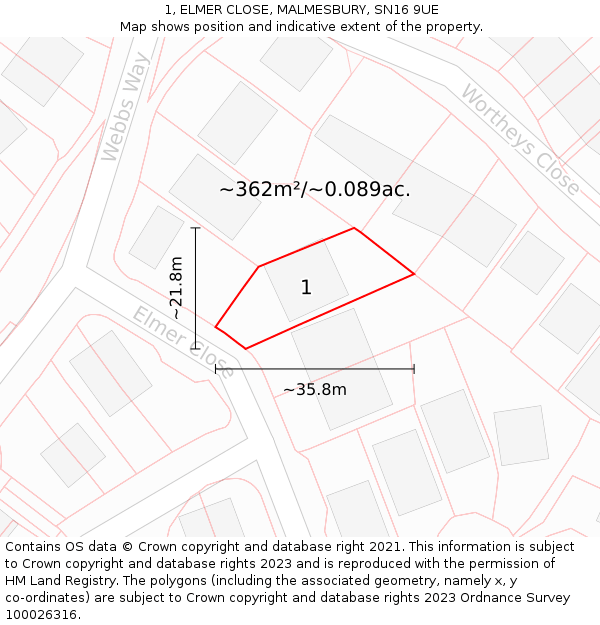 1, ELMER CLOSE, MALMESBURY, SN16 9UE: Plot and title map