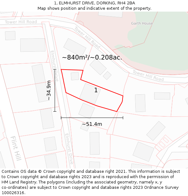 1, ELMHURST DRIVE, DORKING, RH4 2BA: Plot and title map