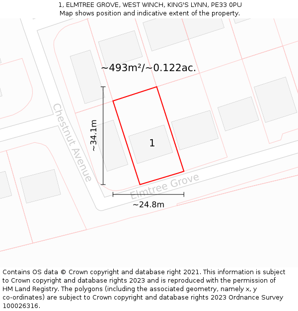 1, ELMTREE GROVE, WEST WINCH, KING'S LYNN, PE33 0PU: Plot and title map