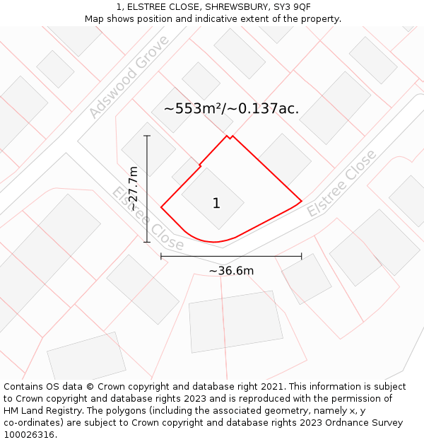 1, ELSTREE CLOSE, SHREWSBURY, SY3 9QF: Plot and title map