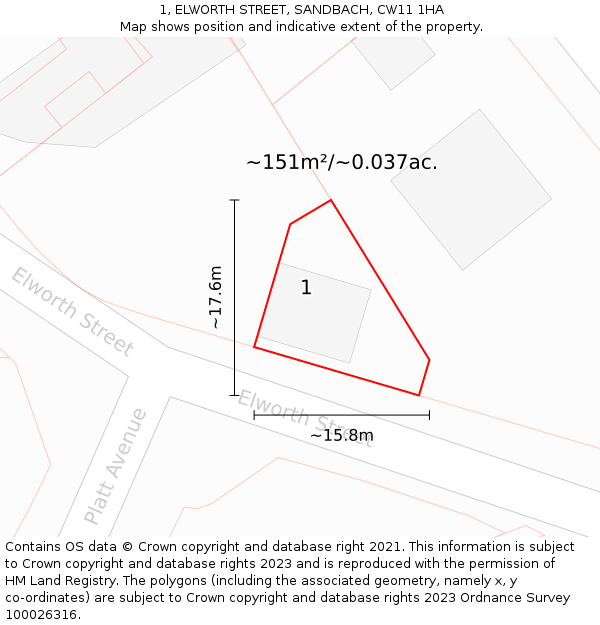 1, ELWORTH STREET, SANDBACH, CW11 1HA: Plot and title map