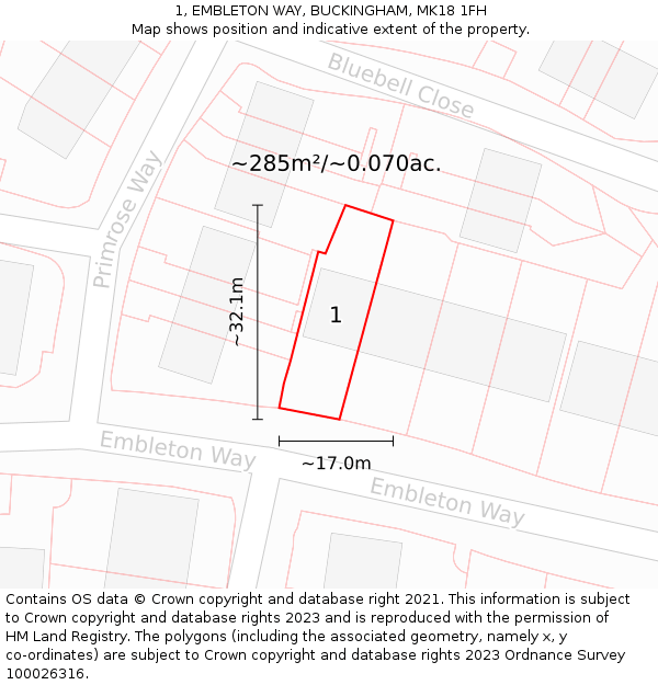 1, EMBLETON WAY, BUCKINGHAM, MK18 1FH: Plot and title map