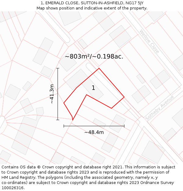 1, EMERALD CLOSE, SUTTON-IN-ASHFIELD, NG17 5JY: Plot and title map