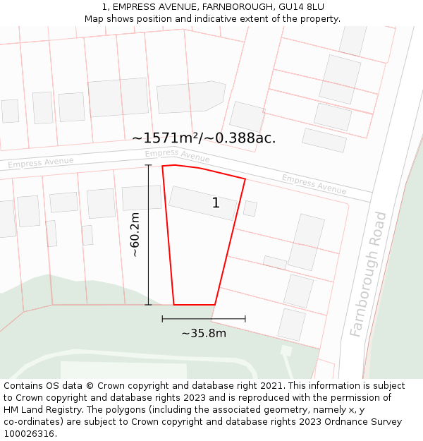 1, EMPRESS AVENUE, FARNBOROUGH, GU14 8LU: Plot and title map