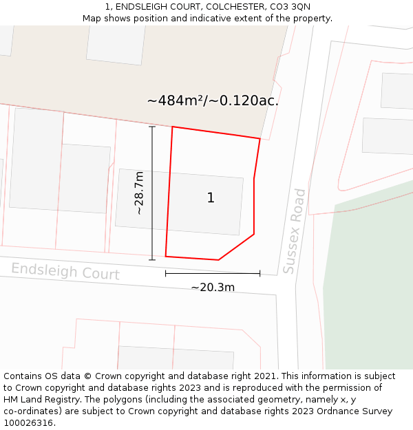 1, ENDSLEIGH COURT, COLCHESTER, CO3 3QN: Plot and title map