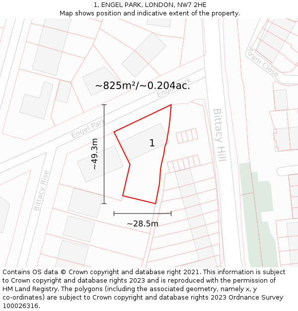 1, ENGEL PARK, LONDON, NW7 2HE: Plot and title map